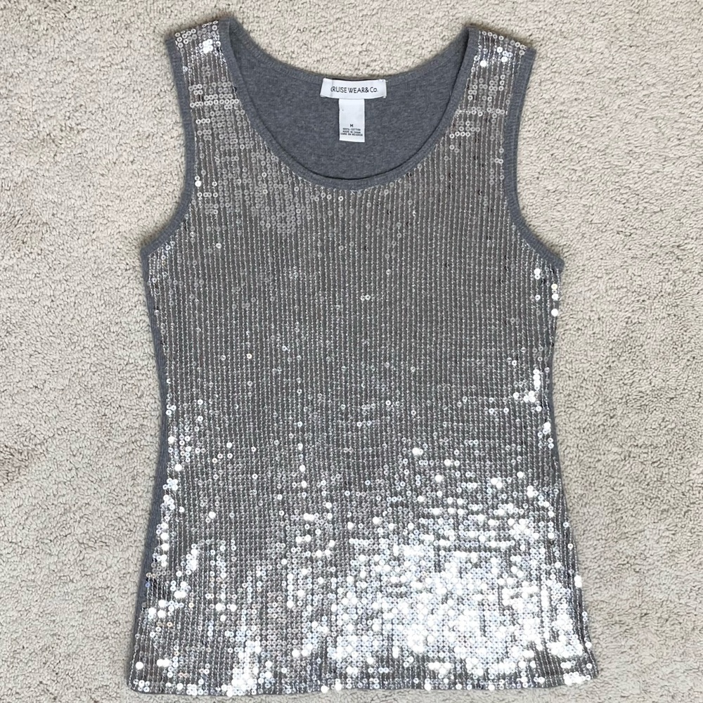 Cruise Wear & Co. Silver Sequins Front Ribbed Cotton Tank Top - Picture 11 of 17